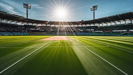 Vibrant tennis stadium under bright sunlight, showcasing well maintained grass court and clear blue skies, creating inviting atmosphere for outdoor sports competition.