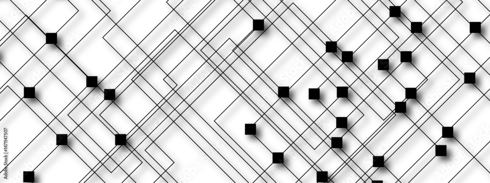 Aufkleber Abstract minimalist black and white geometric pattern with squares and diagonal lines. Complexity and  optical illusion line density . Network high digital technology with connecting points