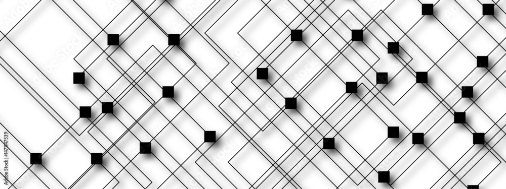 Aufkleber Abstract minimalist black and white geometric pattern with squares and diagonal lines. Complexity and  optical illusion line density . Network high digital technology with connecting points