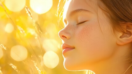 Fototapeta premium Freckled Girl in Golden Hour Sunlight