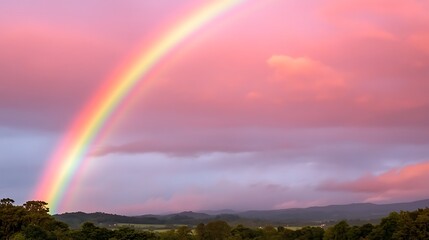 Majestic Rainbow Arcing Over Rolling Hills at Sunset Vibrant Pink Sky Landscape