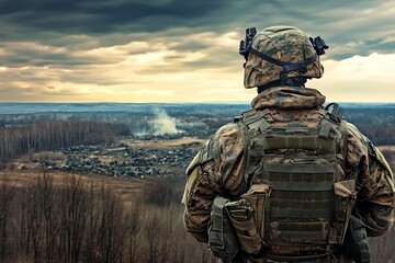 Modern Soldier Observing Battlefield with Tactical Gear and Communication Equipment in Forested Terrain