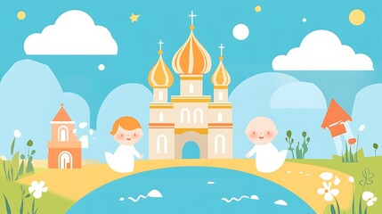 Fototapeta premium Angels by Church with Spring Landscape.
