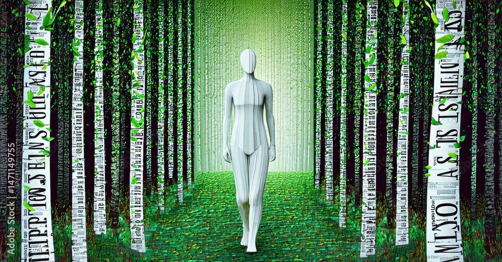 Poster forest scene. mannequin stands amidst trees. digital code cascades down trunks. eerie, surreal atmos