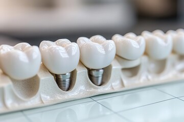 Dental Implants and Crowns in a Row on Ceramic Jaw Model for Prosthetic Demonstration