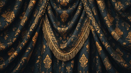Naklejka premium Elegant Black Velvet Curtain with Ornate Golden Damask Pattern Backdrop