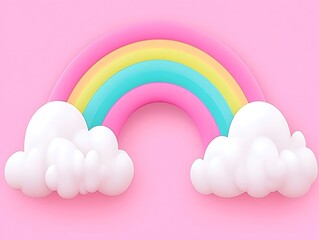 Pastel Rainbow and Fluffy Clouds on Pink Background A Cute 3D Render Illustration