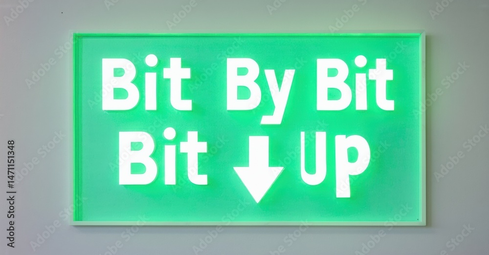 Poster bright green sign displays text bit by bit bit above downward arrow, then up. simple design, modern 
