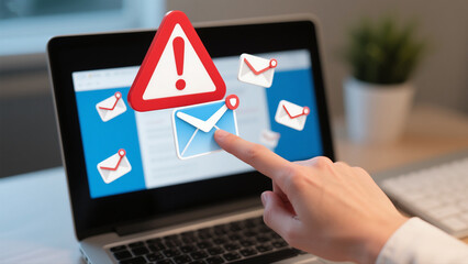 Spam Alert Warning Over Email Icons with Hand on Laptop