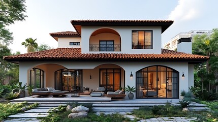 Fototapeta premium Luxurious modern mediterranean villa featuring stunning balconies and elegant outdoor swimming pool high resolution photo