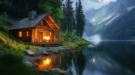 Fototapeta premium Cozy wooden cabin by a serene lake at dusk, nestled amidst a lush forest with majestic mountains in the background.