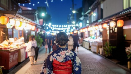 Obraz premium Firefly_浴衣姿の女性が夏祭りの屋台通りを歩いている後ろ姿、ぼかされた提灯と夜の光、ノスタルジックな雰囲気、リアル調 835855