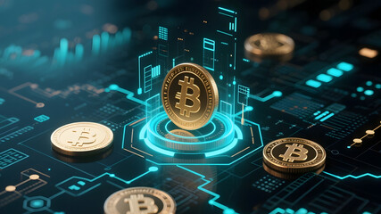 Futuristic Cryptocurrency: Golden Bitcoin Coins on a Circuit Board Background