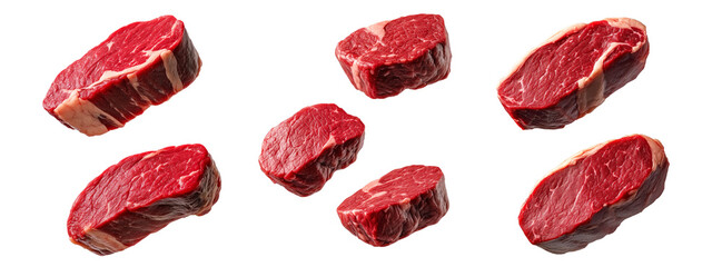 Set of Beef sirloin steak, showcasing marbling, isolated on a white background, concept of meat quality and selection.