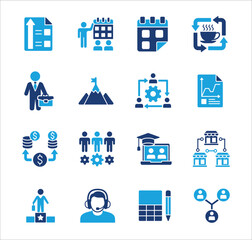 Business management flat icon set. Contains icon of businessman, target, accounting, finance, profit, success, data, service, information, work, store, meeting, education, idea. Vector illustration