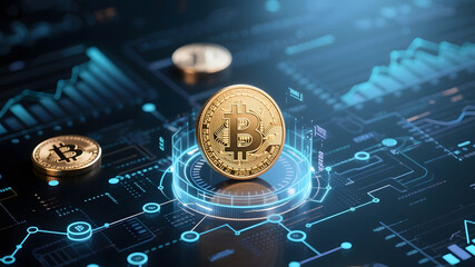 Futuristic Cryptocurrency: Golden Bitcoin Coin on Circuit Board with Analytics Charts
