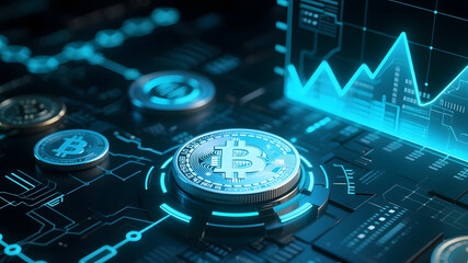 Futuristic Cryptocurrency: Bitcoin Coins with Circuitry and Analytics Charts