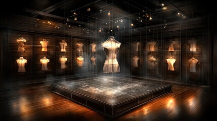 A dimly lit fashion gallery displays multiple dress forms on walls and a central platform, creating an elegant, artistic ambiance.