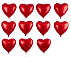 A bunch of red heart-shaped balloons isolated on a transparent background