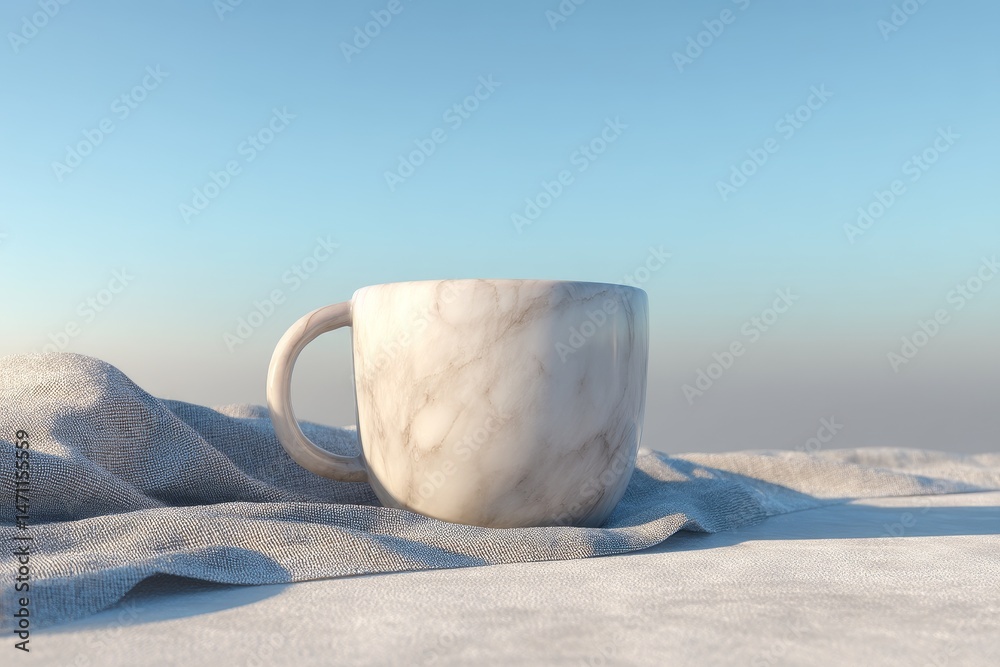 Poster Elegant, marble-patterned mug resting on a fabric surface.