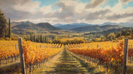 Naklejka premium Golden vineyard landscape stretching to a distant mountain range.