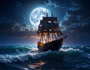 Fototapeta premium Ship in the Dark Storm Ocean