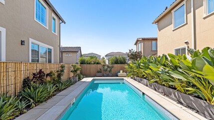 Fototapeta premium Modern residential backyard pool area with landscaping.