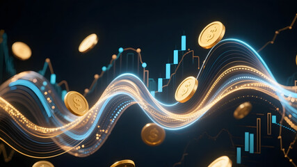 Digital Wealth and Investment Growth: Coins, Waves, and Analytics Charts