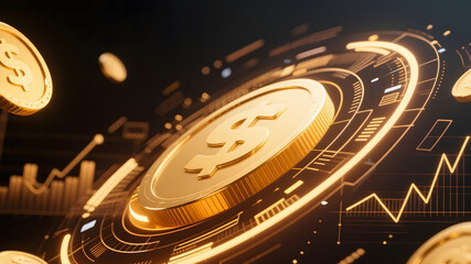 Golden Cryptocurrency Coin with Futuristic Analytics and Growth Charts