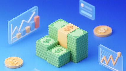 Digital Wealth and Investment Growth: Stacks of Money, Coins, and Analytics Charts