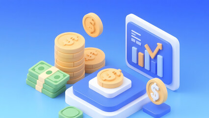 Digital Wealth and Investment Analytics: Coins, Dollar Bills, and Growth Charts