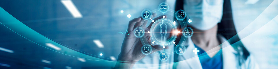 Healthcare and medical, Doctor female professional hold patient disease icons and treatment in laboratory, Research and development. Medical technology service to solve people health of future.