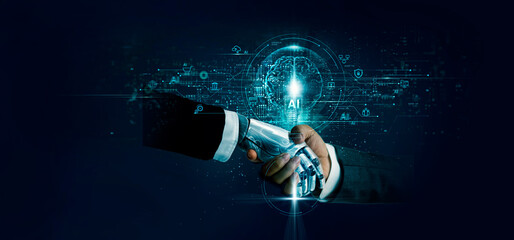 Naklejka na ściany i meble Machine learning, Ai, Partnership of human and Artificial Intelligence for business growth in the future, Data exchange with ai for more accurate business analysis and planning, technology innovation