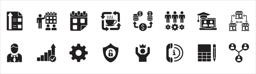 Business management flat icon set. Contains symbol of businessman, target, finance, success, data, customer service, work, money, store, shop, meeting, education, idea. Vector illustration