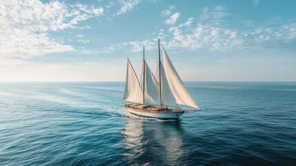 Fototapeta premium Sailboat gliding smoothly across calm waters under a clear blue sky with fluffy clouds in the background