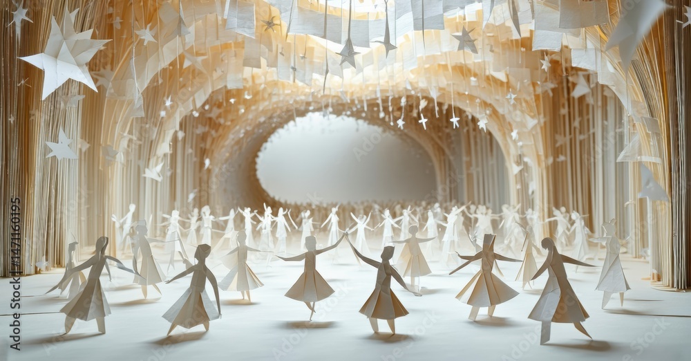 Aufkleber Paper figures dance within book pages creating tunnel illusion. Stars fall, light shines, whimsical scene unfolds.