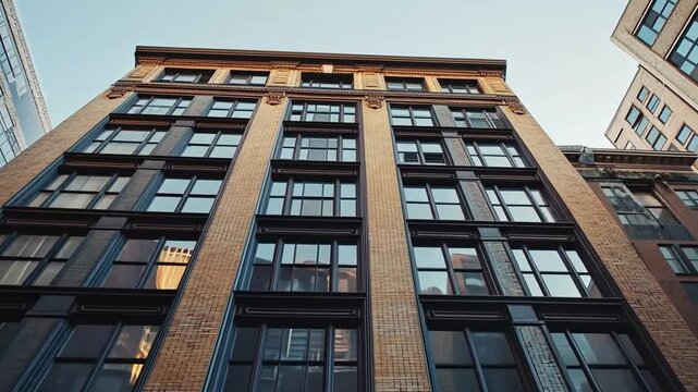 An upward perspective of an old brick building with many windows and architectural details.