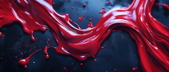 Dynamic red liquid splashes and flows on dark backdrop