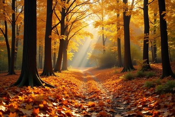 Golden autumn leaves carpeting the forest floor under a canopy of bare branches , natural, shadow, perspective
