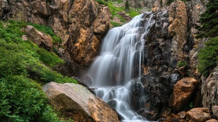 Majestic waterfall cascading into lush valley during golden hour in a serene natural landscape