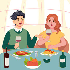 Flat vector illustration of a couple dining and talking over wine in a cozy setting. Great for concepts of romantic dinner, communication, lifestyle, date night, and modern food culture visuals.