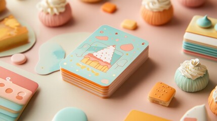 Pastel Delight: A Stack of Cute Cake-Themed Cards Amidst Miniature Sweets