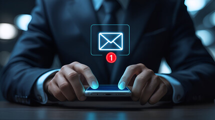 A businessman in a dark suit is using a smartphone, focusing on a glowing email icon and a new email message, emphasizing communication and technology.