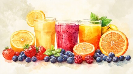 Colorful fruit drinks in a delicate watercolor style.