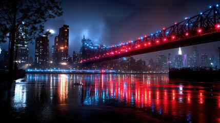 Fototapeta premium A nighttime view of a lit-up city bridge