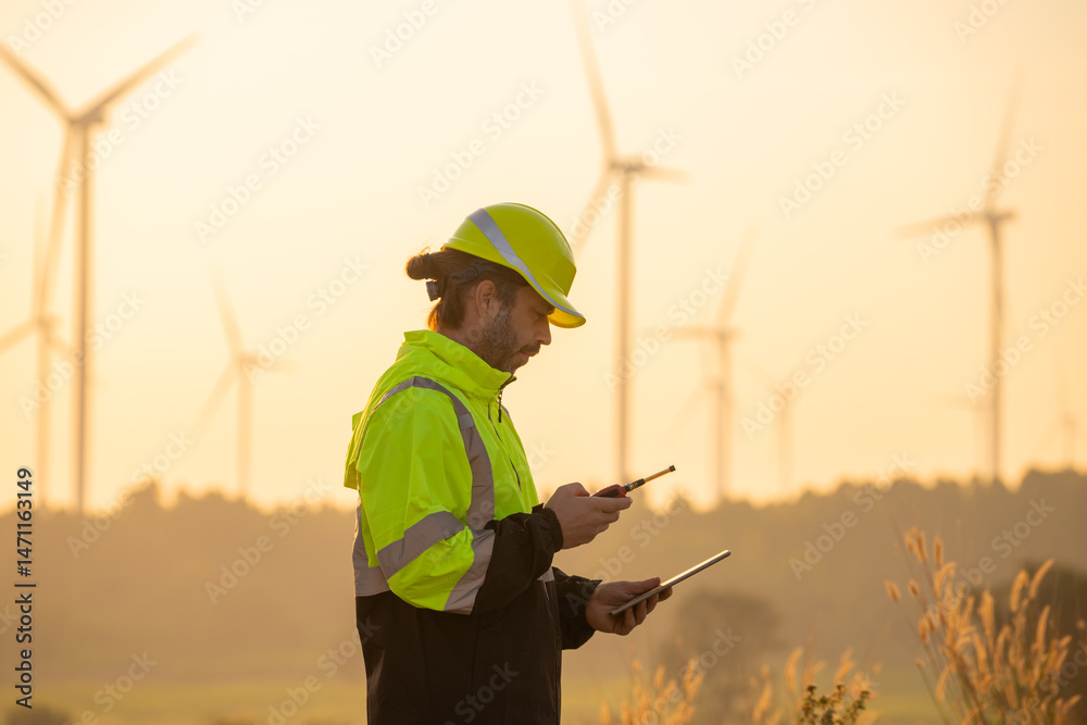 Poster Engineer man working with tablet at windmill farm Generating electricity clean energy. Wind turbine farm generator by alternative green energy.