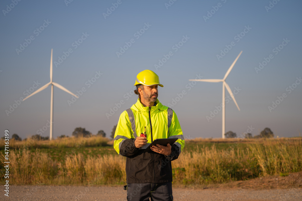 Poster Engineer man working with tablet at windmill farm Generating electricity clean energy. Wind turbine farm generator by alternative green energy.