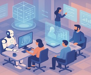 Futuristic AI-Powered Remote Work Office Isometric Illustration