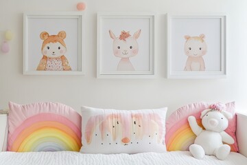 Kids wall gallery with three framed animal faces rainbow accents and soft daylight
