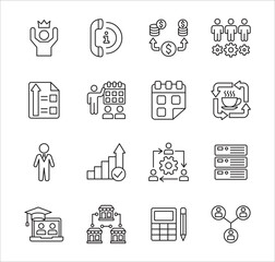 Business management icon set. Contains icon of businessman, target, accounting, finance, profit, success, data, customer service, work, store, shop, meeting, education, idea. Vector illustration